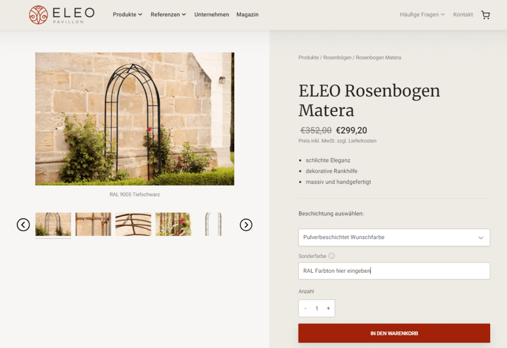 Screenshot Bestellprozess ELEO Rosenbogen Calabria